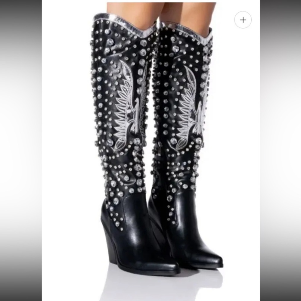 Azalea Wang Upbeat Western Cowboy boots black silver rhinestones 7 BNIB